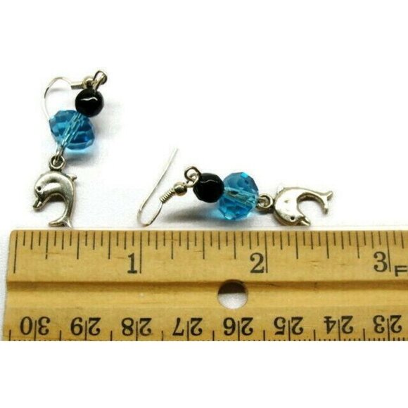 Dolphin Blue Black Bead Silver Tone Vertical Drop Dangle Hook Earrings Womans - Picture 2 of 3